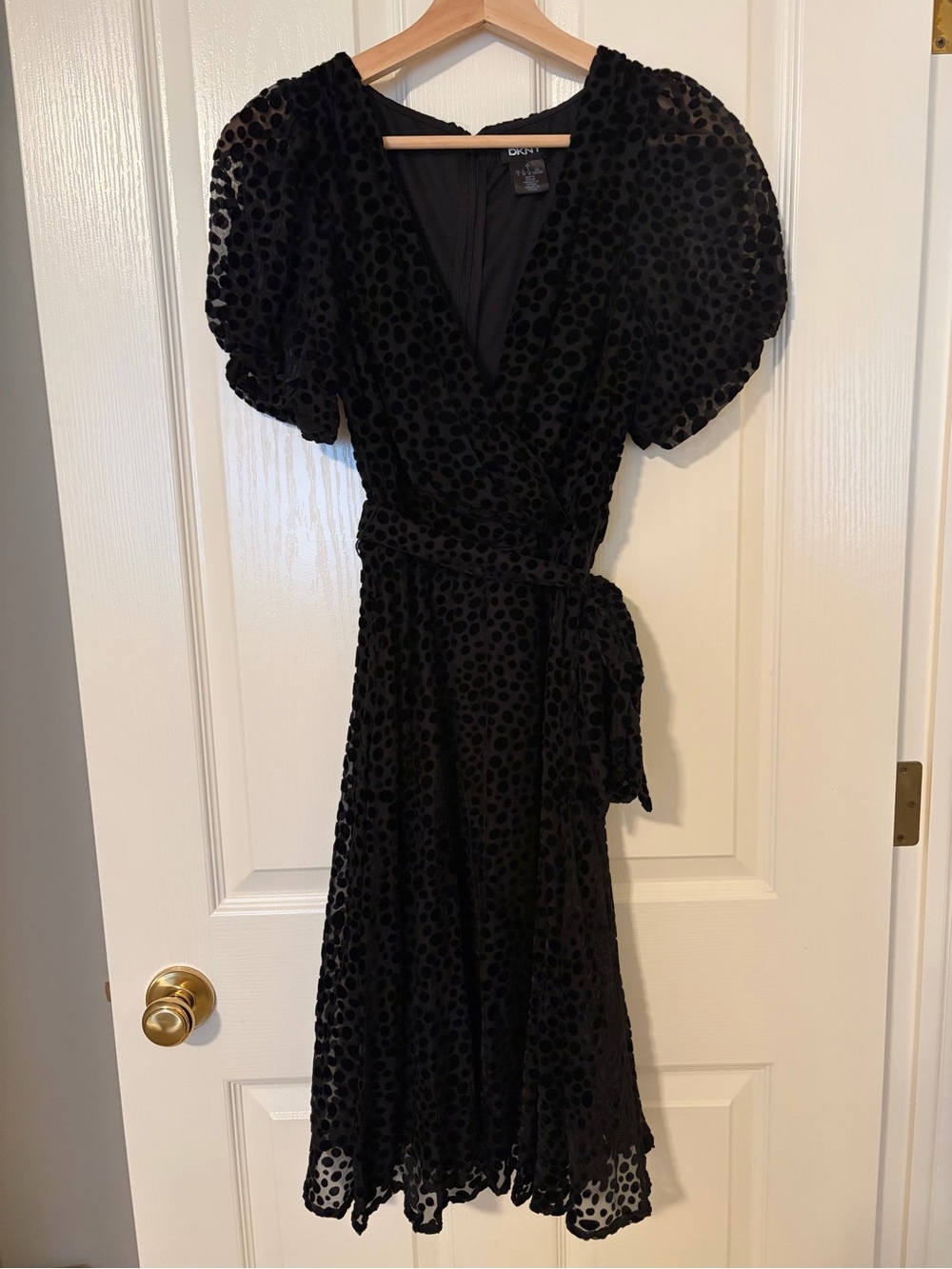 DKNY Black Velvet Dot Wrap Midi Dress